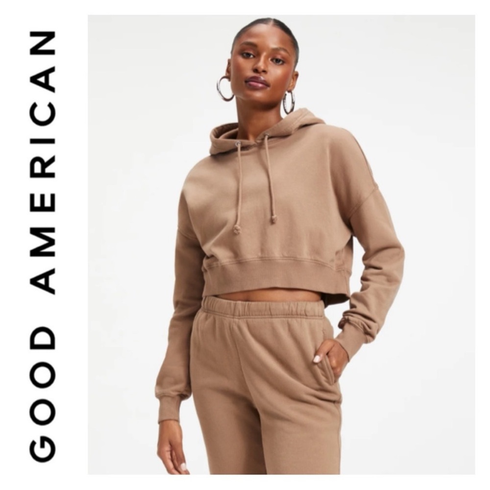 Good American Tan Cropped Hoodie
